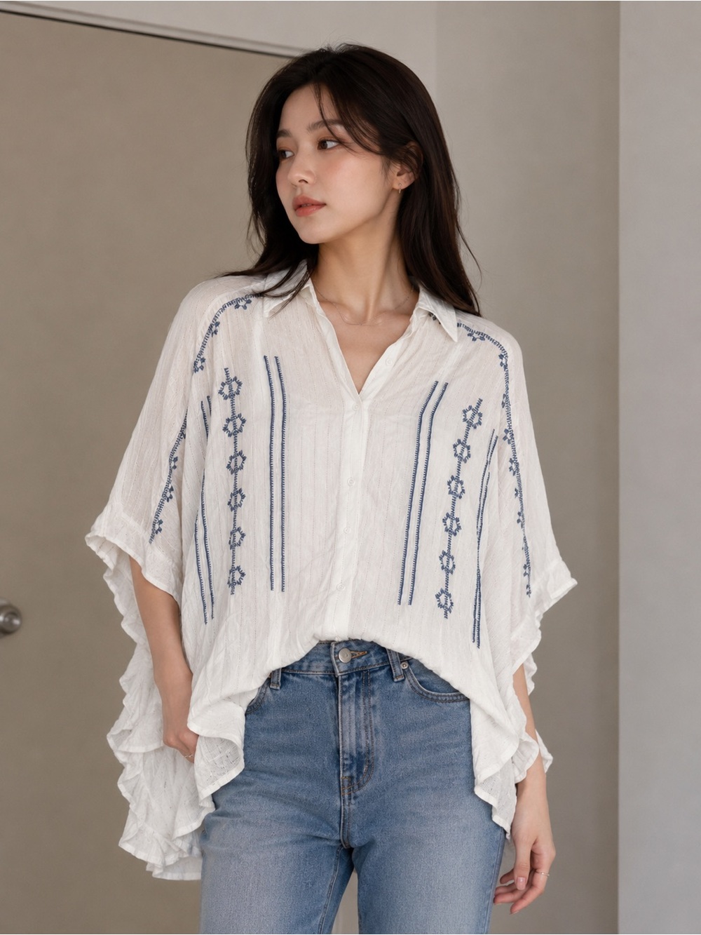 NWT White Embroidered Button-Down/Poncho Shirt with Blue Accents